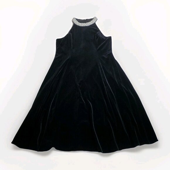 Adrianna Papell Velvet Dress Womens 14 Black Beaded Embellished Collar Stretch - Picture 8 of 16